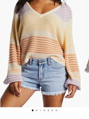 Billabong V-Neck Stripe Knit Sweater in Cream with Orange, Yellow & Lavender